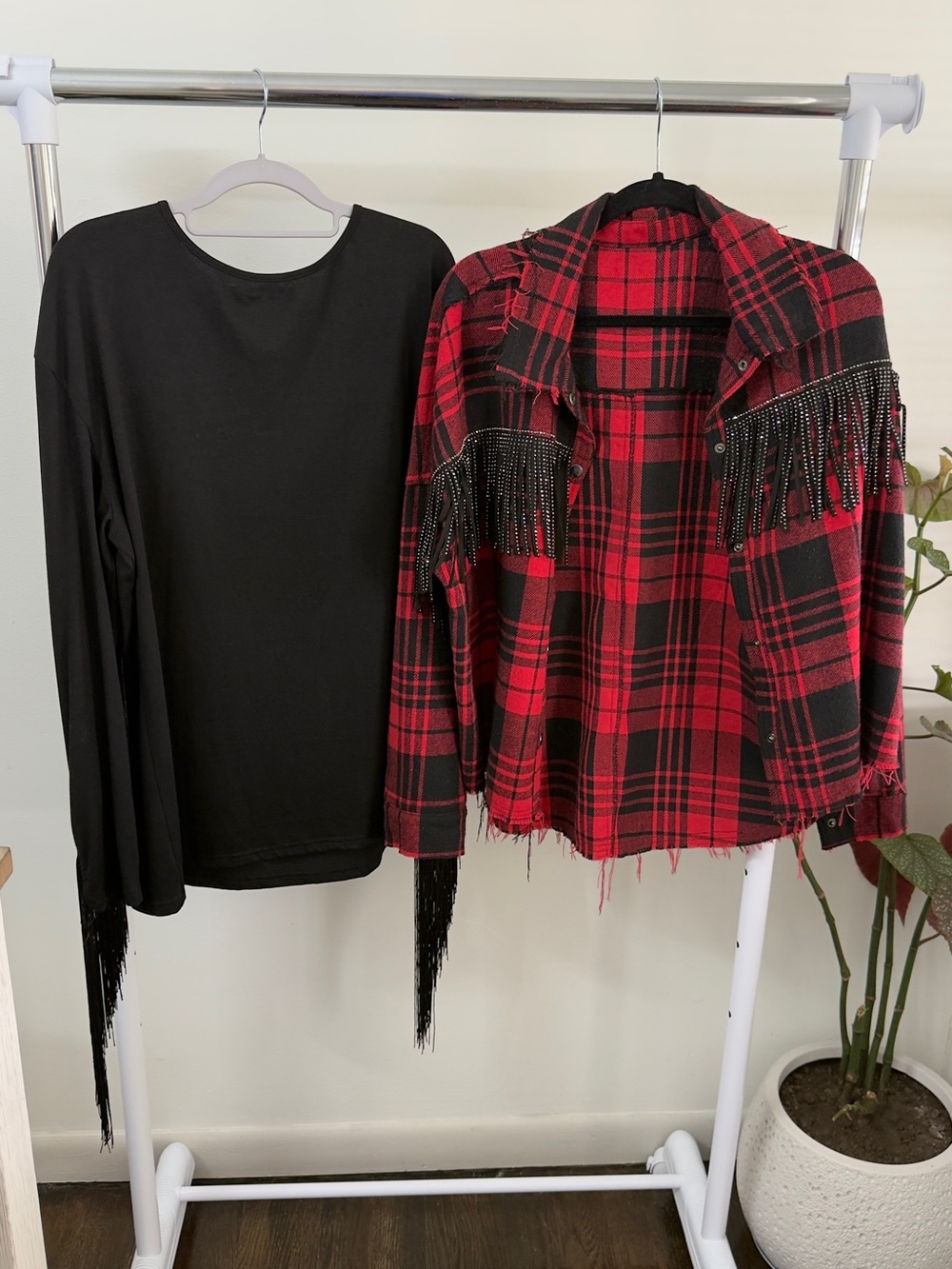 Lot 2 Western Plaid Rhinestone Fringe Flannel Shirt Jacket Shacket & Black Top